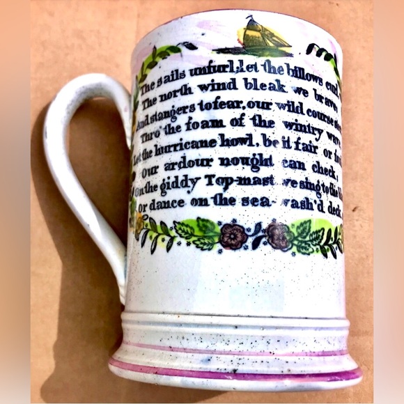 1796 Antique Pearl Pink Luster Transferware CAST IRON BRIDGE Frog Mug - Picture 2 of 8